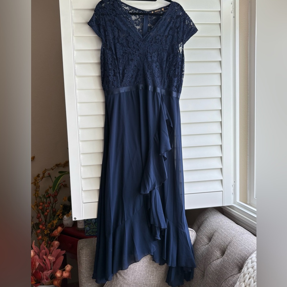 Miusol Navy Lace & Ruffle Maxi Dress - Women's Elegant Evening Gown